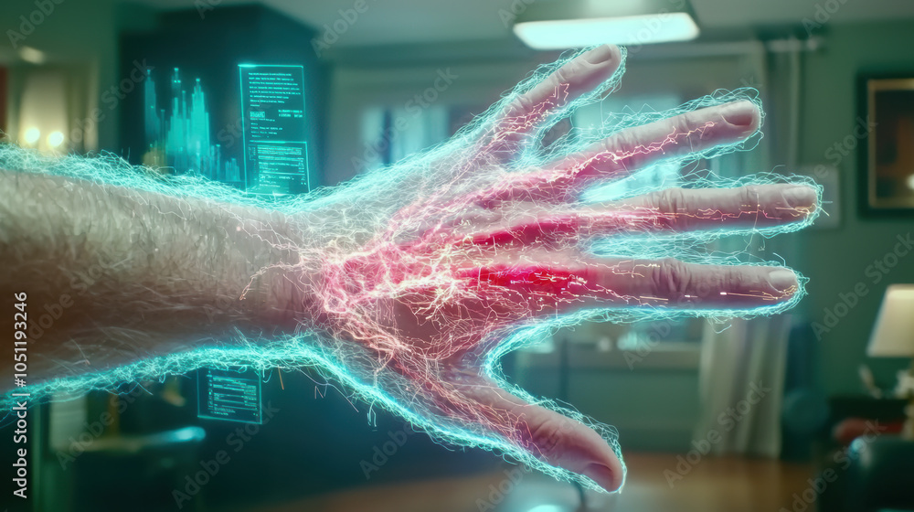 Poster close up of human hand displaying futuristic holographic interface with glowing elements, symbolizin