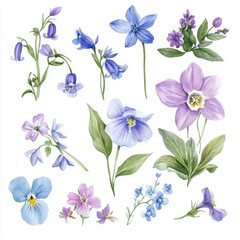 A vibrant collection of blue and purple flowers captured in watercolor style for nature lovers and art enthusiasts