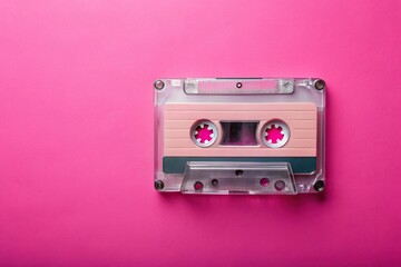 Obraz premium vintage audio cassette on pink background with copy space in forced perspective