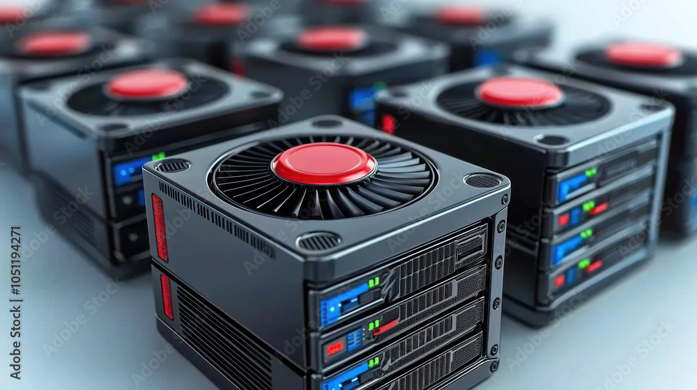 Poster high performance data storage servers with red cooling fans arranged in modern data center. these se