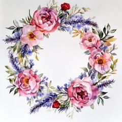 Fototapeta premium Beautiful floral wreath with peonies and lavender for home decor and celebrations
