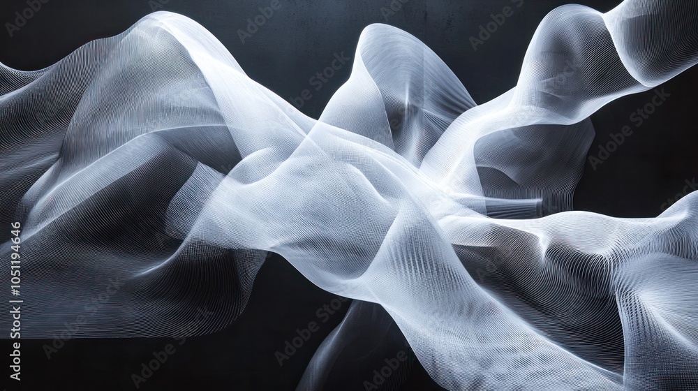 Poster abstract geometry filled with flowing white lines creates a sense of movement within a deep, monochr