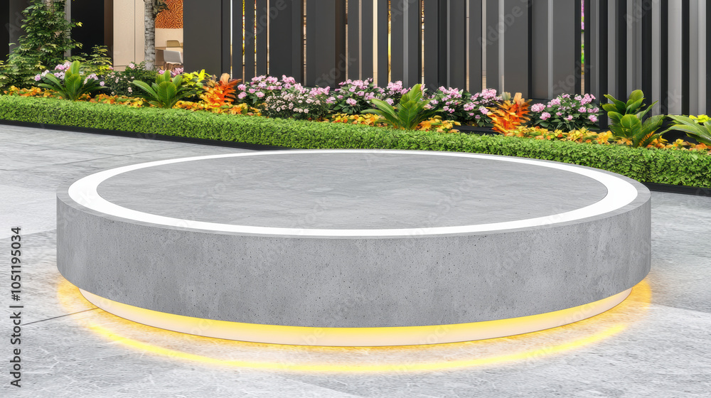 Poster minimalist round concrete platform with glowing edge is surrounded by vibrant flowers and lush green