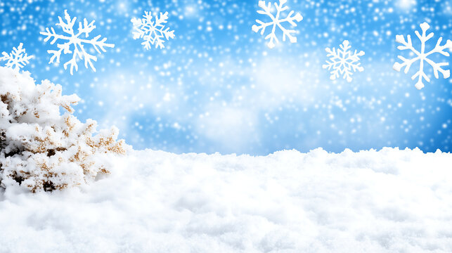 serene winter scene featuring gently falling snowflakes against bright blue background, with snowy landscape and frosty shrub. atmosphere evokes sense of calm and tranquility