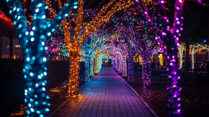 Colorful Holiday Lights on Trees in Festive Display