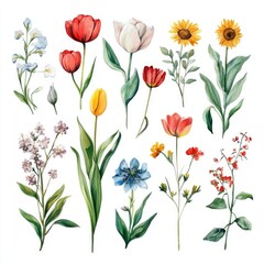 Fototapeta premium A vibrant collection of hand-painted flowers tulips sunflowers and more for your creative projects