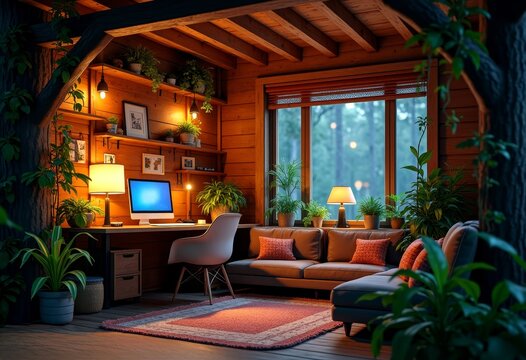 Cozy remote work setup in rustic cabin with plants and natural light - Powered by Adobe