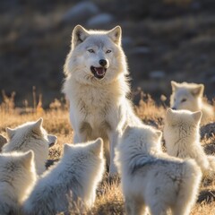 Obraz premium A majestic Arctic wolf with its pack of pups in a snowy meadow.