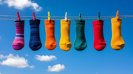 Colorful Socks Displayed on a Clothesline Against Sky