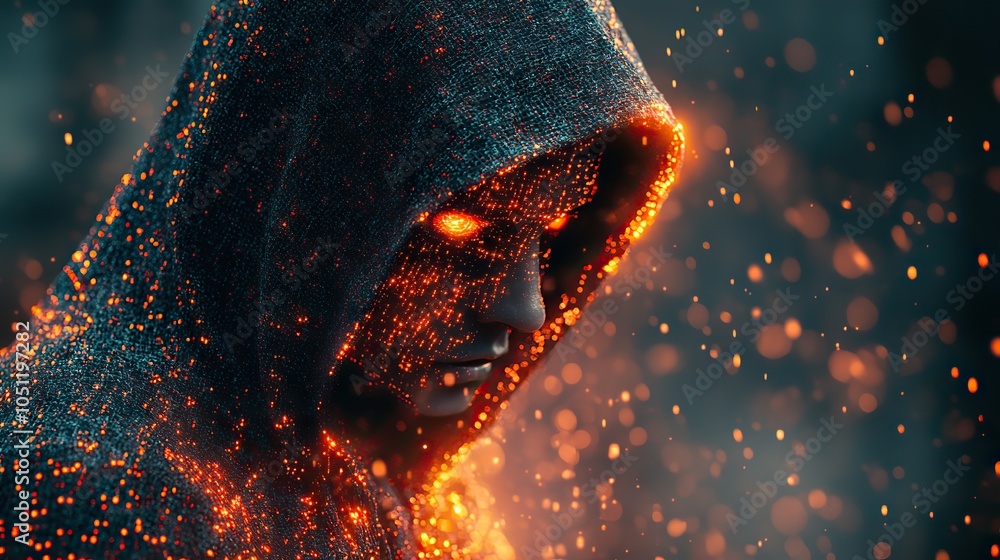 Poster hacker in dark hoodie stands over an immersive dat protection interface, symbolizing cybercrime.imag