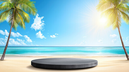 Obraz premium serene beach scene featuring stylish round concrete platform surrounded by palm trees, with bright sun shining over tranquil ocean waves