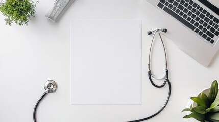 Medical Stethoscope and Blank Paper on White Desk