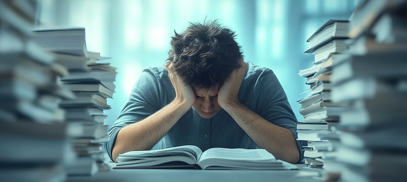 Student stress overstudy fatigue. Trauma psychology mental health concept. Generative AI technology.	
