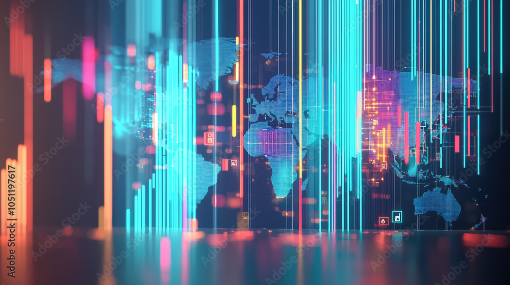 Poster digital world map with vibrant data streams and colorful graphics, representing technology and conne