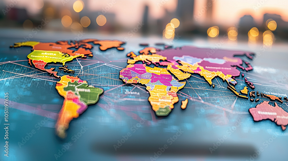 Poster colorful world map showcasing various countries and regions, highlighting geographical diversity and