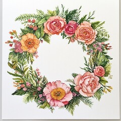 Fototapeta premium Beautiful floral wreath illustration featuring vibrant roses and greenery for nature lovers and home decor enthusiasts