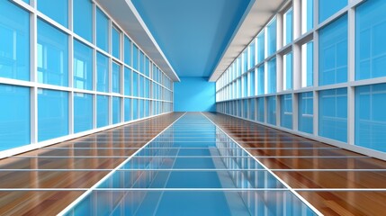 Fototapeta premium Spacious office hallway features a sleek design, empty frames, and warm reflections on polished wooden floors.