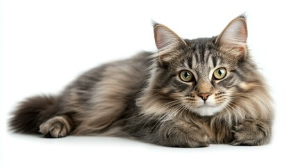 Obraz premium A stunning longfur grey cat elegantly poses on a white background, perfect for pet lovers and photography enthusiasts.