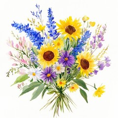 Naklejka premium Vibrant floral bouquet a stunning watercolor arrangement of bright sunflowers and wildflowers
