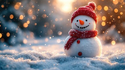 Fototapeta premium Smiling snowman in red hat & scarf. Perfect for Christmas, winter, and holiday themes.