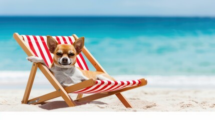 Fototapeta premium A cute Chihuahua relaxing on a beach chair, soaking up the sun and posing for the camera at the sandy shore.