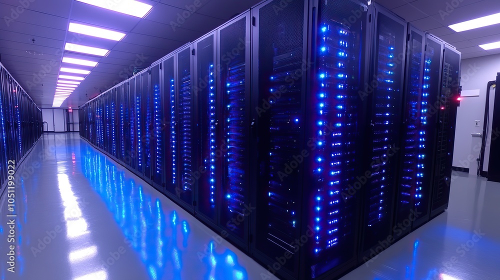 Poster high-end server room with rows of supercomputer servers, illuminated by blue lights and housed in black cabinets.illustration