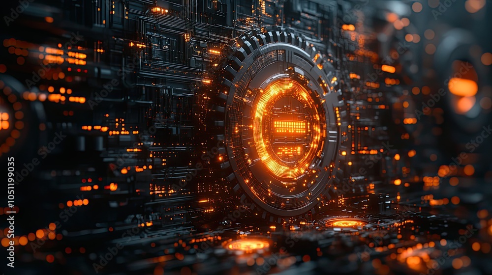 Poster high-tech business banner featuring gears and digital elements in dark color scheme.image