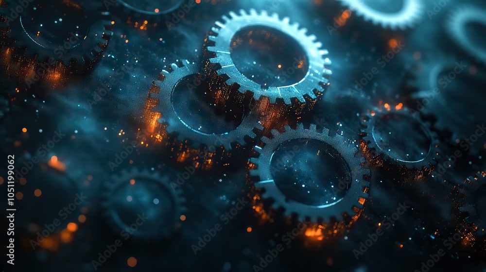 Poster high-tech business banner featuring gears and digital elements in dark color scheme.