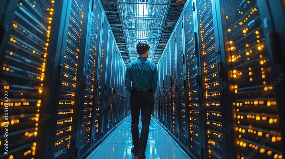 Poster high-tech dat center with rows of server racks, where an it professional is managing the system.