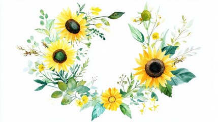 Naklejka premium Vibrant sunflower wreath a beautiful floral arrangement for celebrations and decor