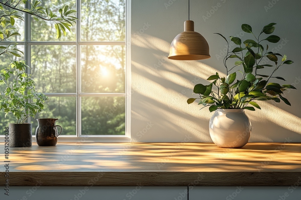 Poster sunlight streams through window onto wooden table. perfect for showcasing products or adding a touch