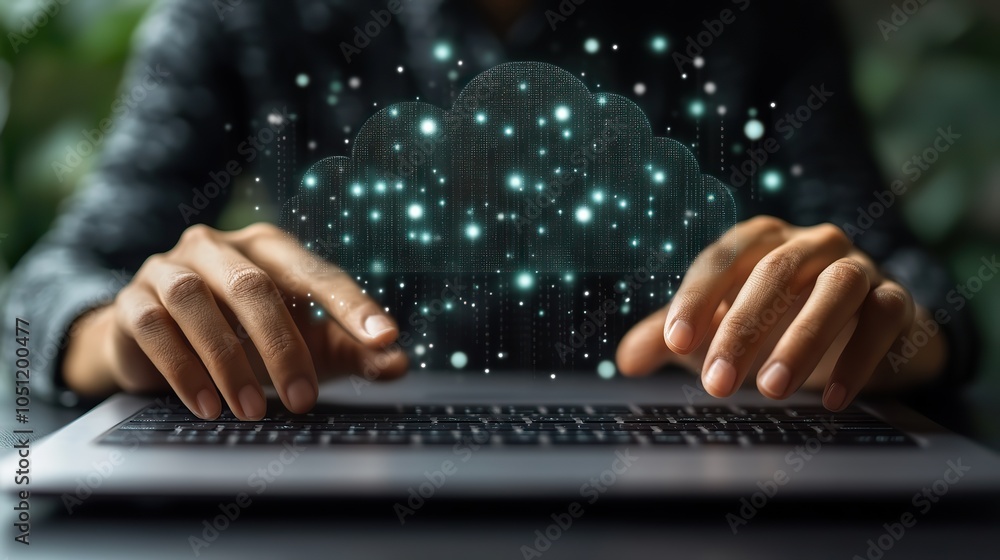 Poster laptop user interacts with cloud storage icons, symbolizing seamless dat transfer between devices ov