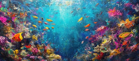 Obraz premium A vibrant coral reef teeming with colorful fish in a blue ocean.