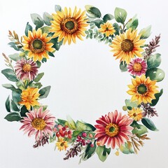 Fototapeta premium Vibrant floral wreath with sunflowers and colorful blooms for seasonal decor and celebrations