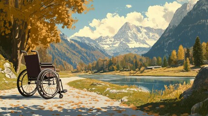 Obraz premium The wheelchair is on the left side of the image against a park background with mountains and a river in the background. International Day of Persons with Disabilities.