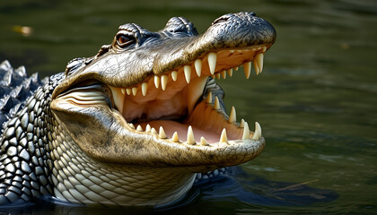 Obraz premium Aggressive crocodile with open jaws showing sharp teeth, emphasizing wild animal power