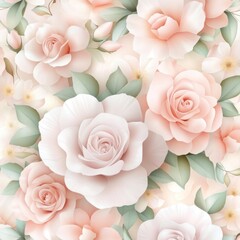 Fototapeta premium Beautiful soft pink roses in full bloom, adorned with delicate leaves, perfect for floral themes and romantic designs.