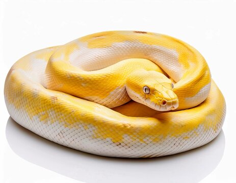 Burmese Python aka Python bivittatus snake in albino color. Isolated on white background.