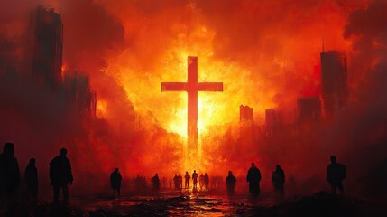 large cross in the center of an art painting surrounded by hopeful people gazing at it.