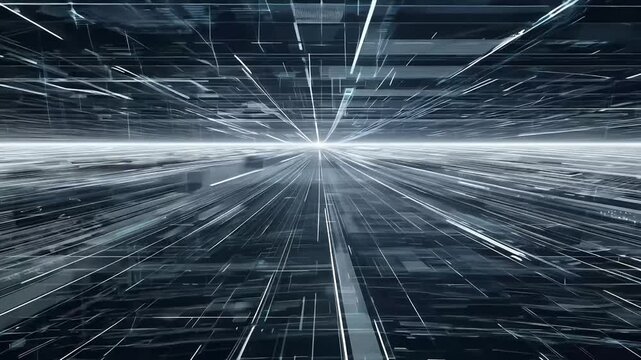 futuristic digital overlay presents monochrome grid pattern black white background technology internet concepts seamless looping animation 4K resolution science fiction monotone grey