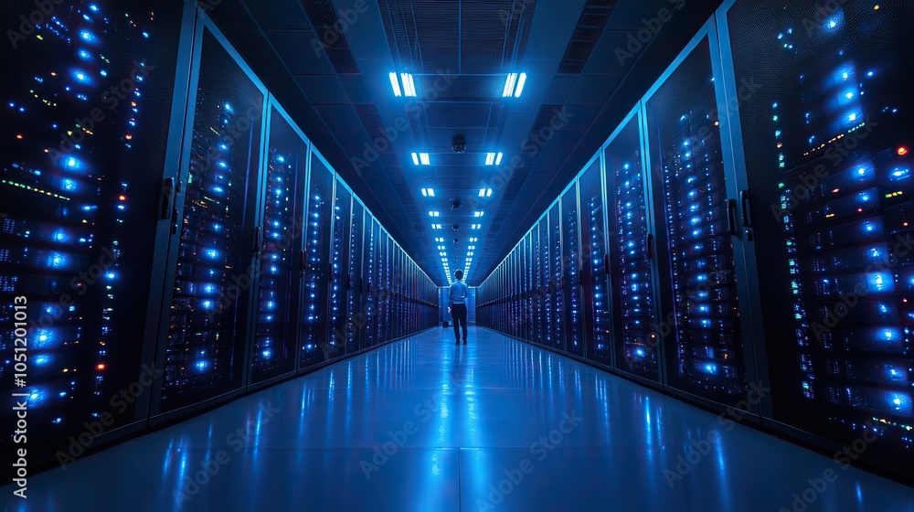 Leinwandbilder large dat center with rows of advanced computer equipment, with one person working in the middle.image