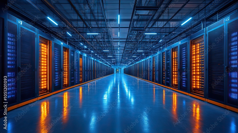 Poster large dat center with rows of black and blue server racks, illuminated by led lights showcasing adva