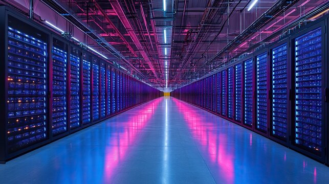 large dat center with rows of black and blue server racks, illuminated by LED lights showcasing advanced equipment.image
