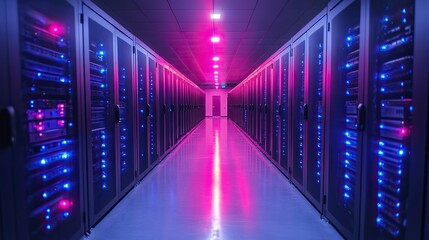 Fototapeta premium large server room with rows of black and blue cabinets, illuminated by bright lights.stock photo