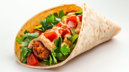 Delicious wrap filled with fresh vegetables, beans, and savory sauces, beautifully arranged on a white plate.