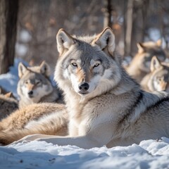 Obraz premium A lone wolf stares intently at the camera while surrounded by its pack in a snowy forest.