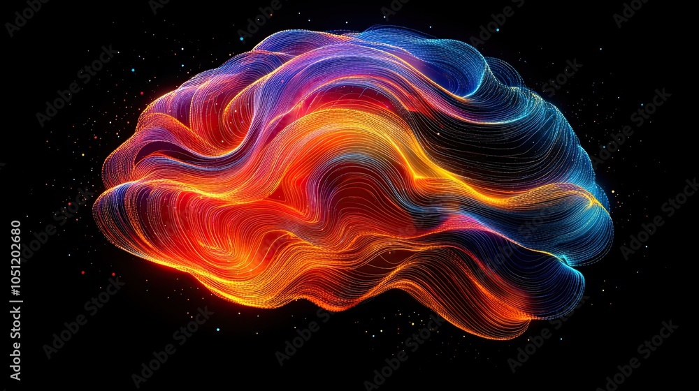 Poster logo of the human brain is formed from colorful lines on black background, representing creativity a