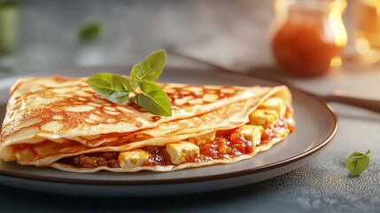 Delicious freshly made pancake filled with cheese and savory sauce, garnished with a sprig of basil, served on a stylish plate, creating an inviting culinary experience.