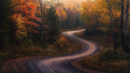 Fototapeta premium A winding paved road through a colorful autumn forest.