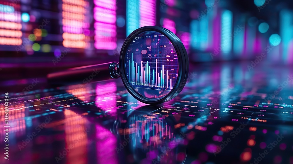 Aufkleber magnifying glass highlighting dat curves and charts, set against purple and blue background, symbolizing in-depth analysis.image